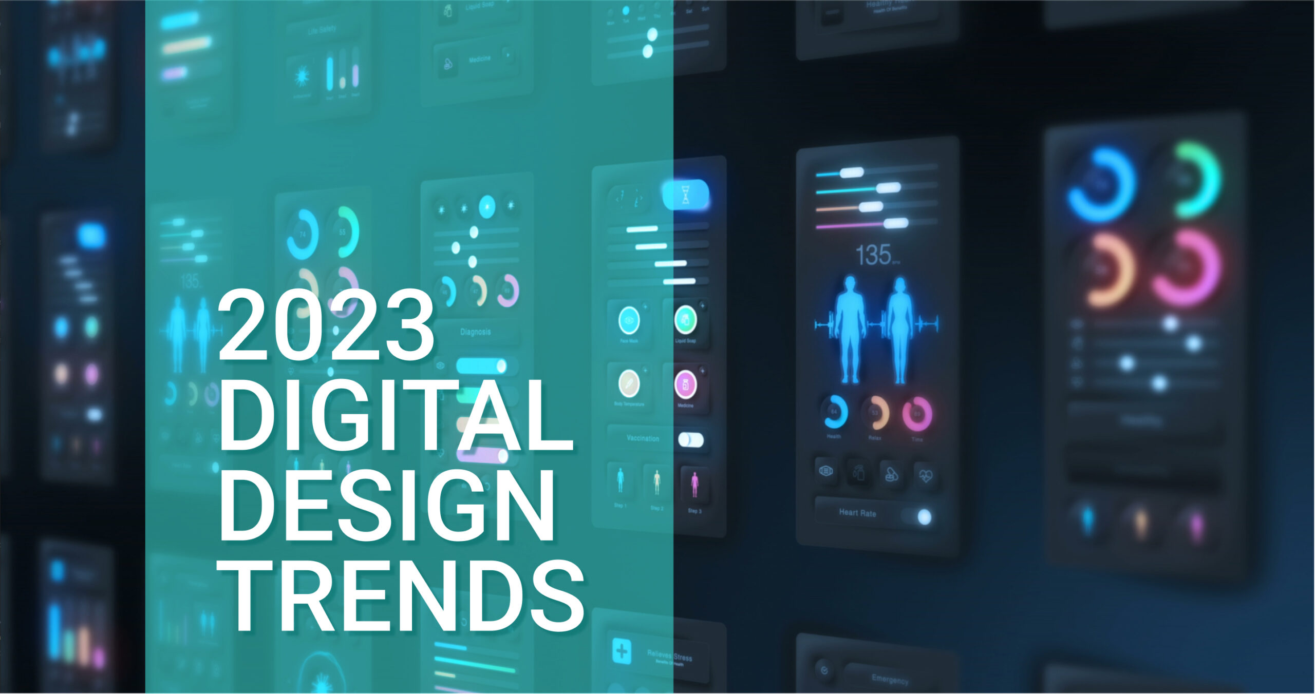 2023 Digital Design Trends Title over a green opacity on top of dark mode mobile phone designs