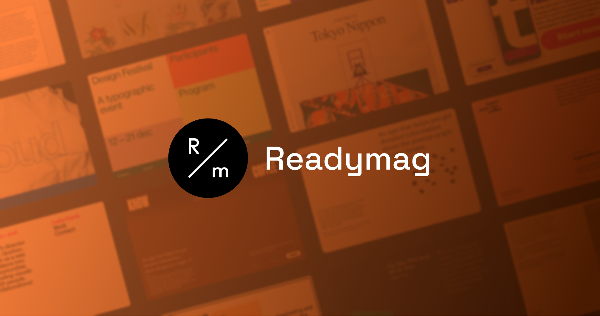 Readymag Logo on gradient background showcasing the various application screens behind