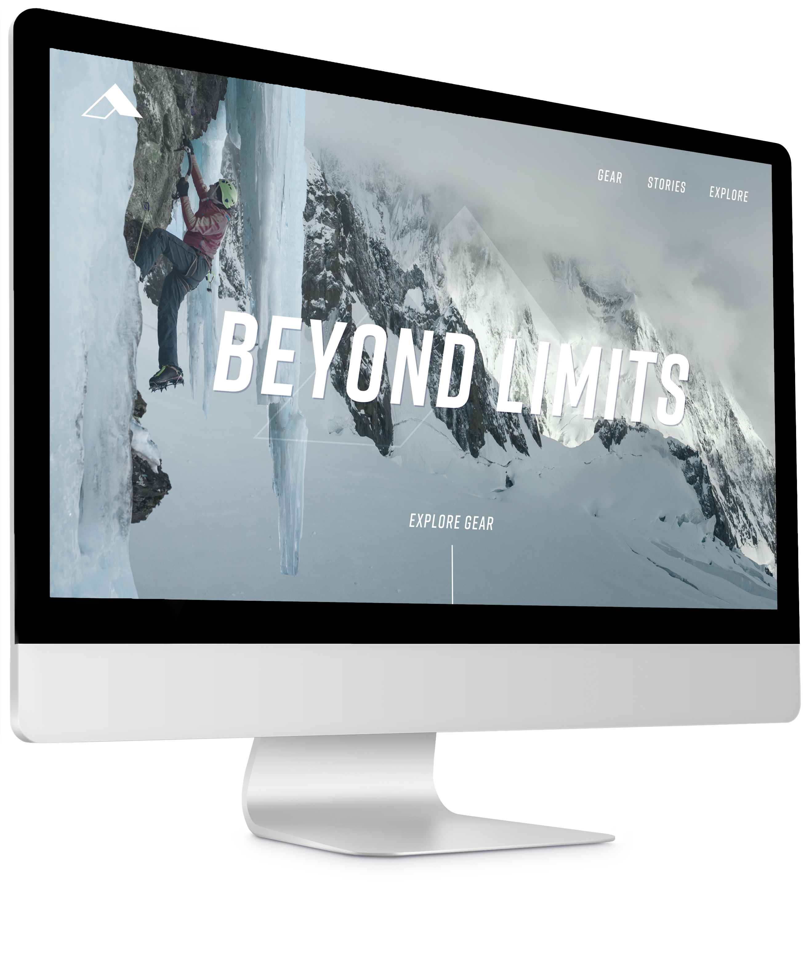 Website landing page design showing a Mountaineer with a "Beyond Limits" tagline