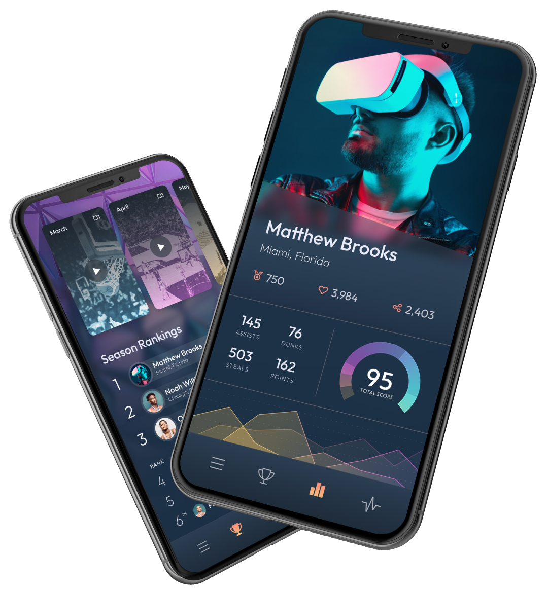 Mobile Phone Screens Showing A Virtual Reality Sports App In Dark Mode