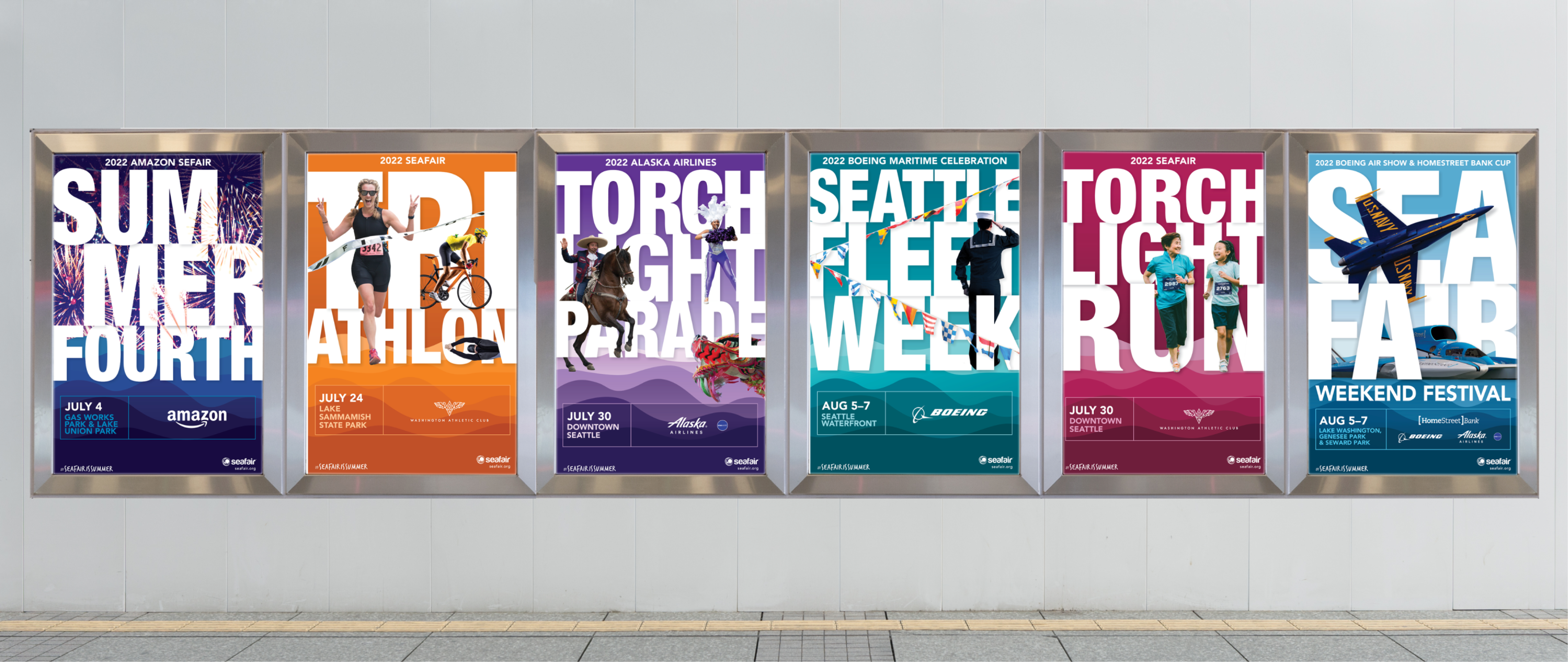 Showcasing six branded different posters on a wall for each of the Seafair events.