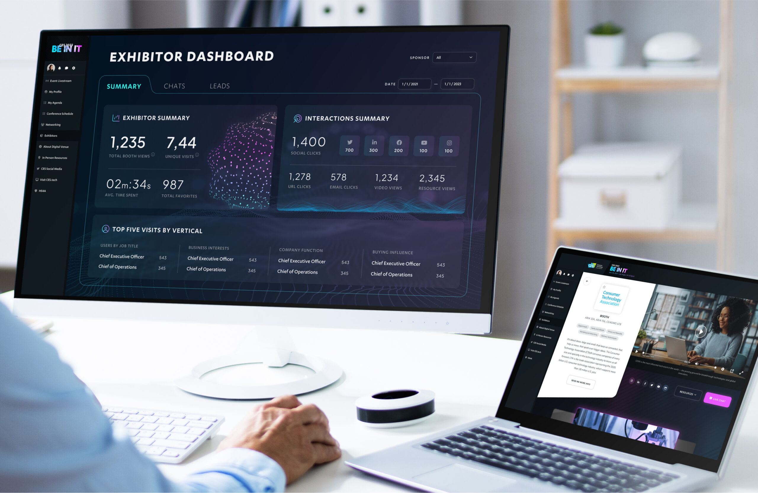 Desktop showing the Exhibitor Dashboard and Laptop showing the Exhibitor Booth for CES 2023