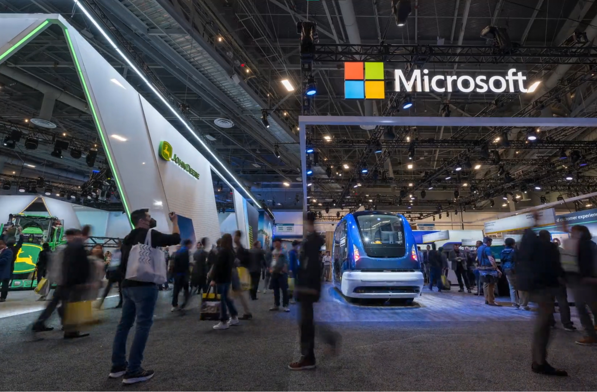 CES Expo Hall photo showing the John Deere and Microsoft exhibits