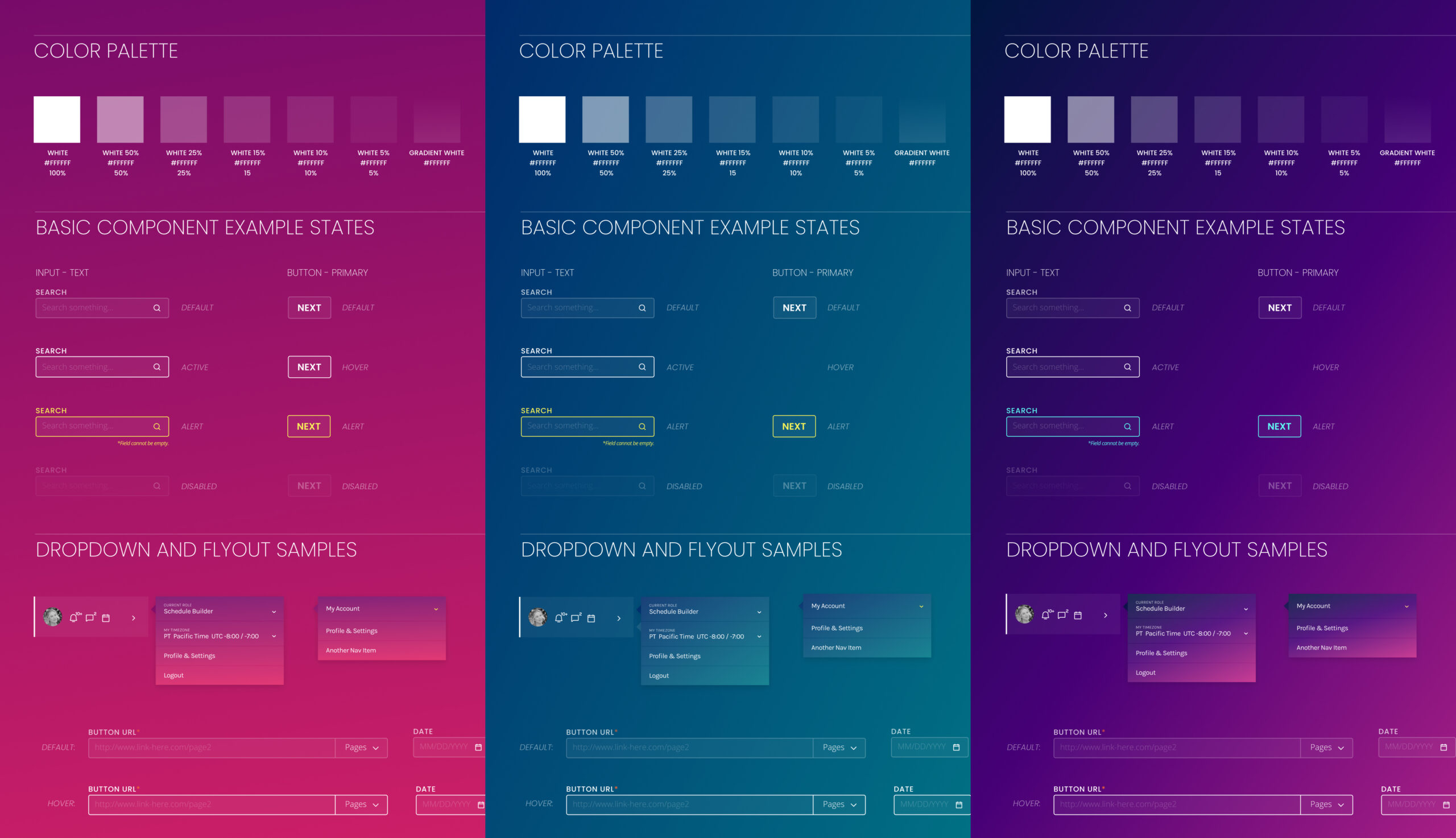 Showing the various component styles for the gradient theme color variants