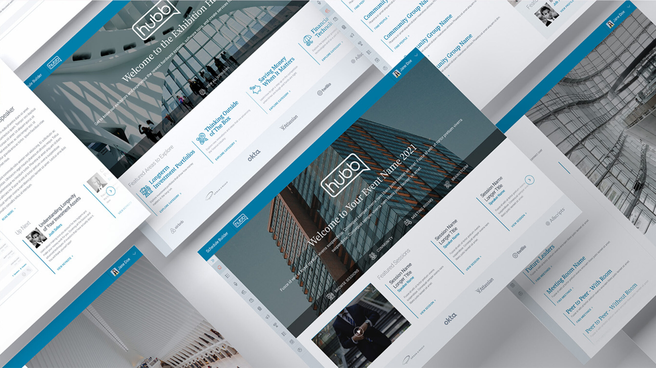 Isometric screens showing the Hubb Corporate Theme user interface and layout mockups