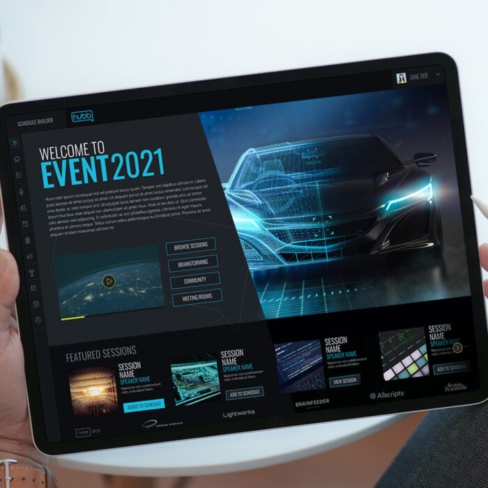 Tablet mockup showing the user interface for the Hubb Technology theme welcome page.