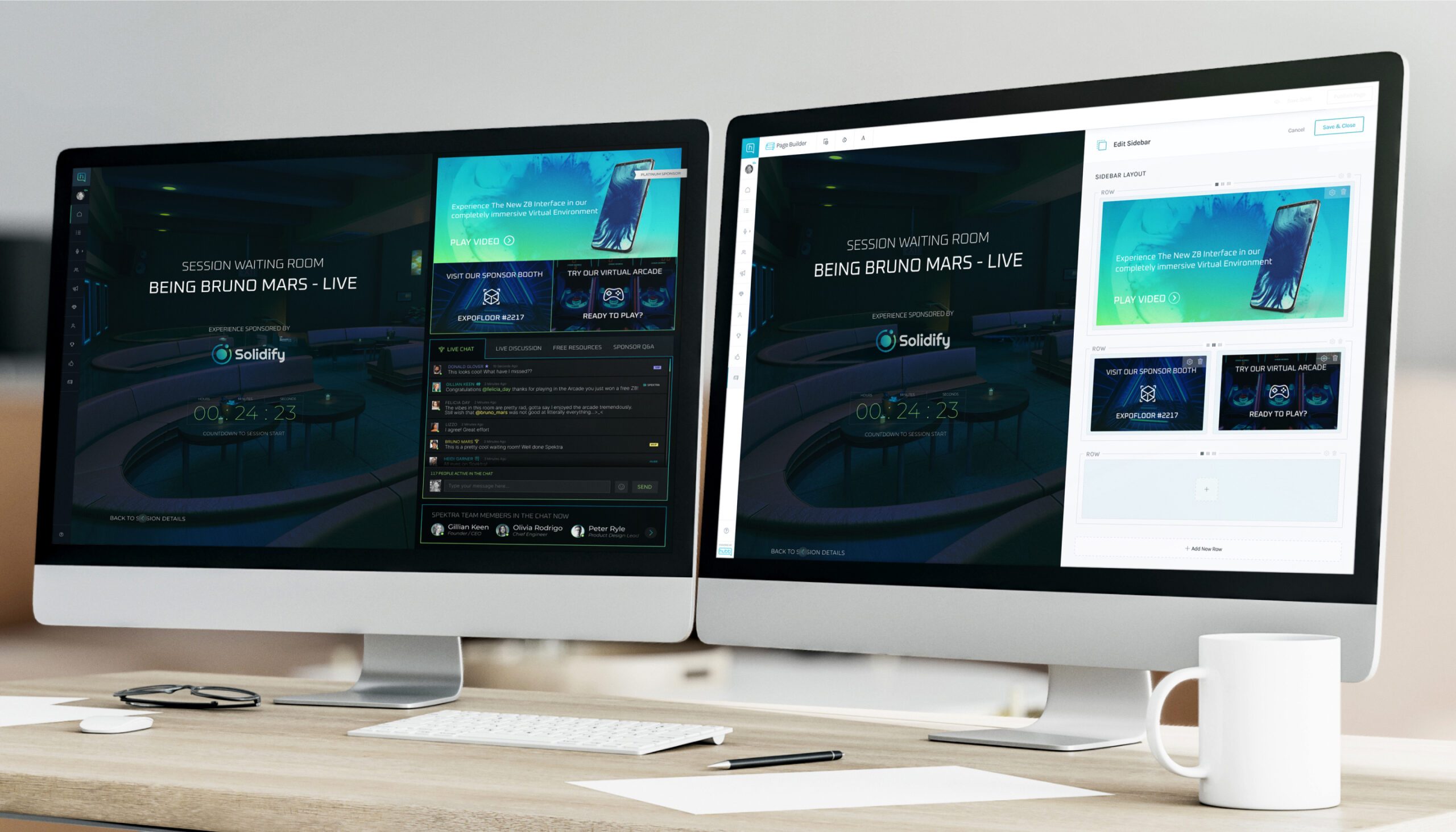 Dual Desktop Mockups showingthe Live Experience and Page Builder settings side-by-side