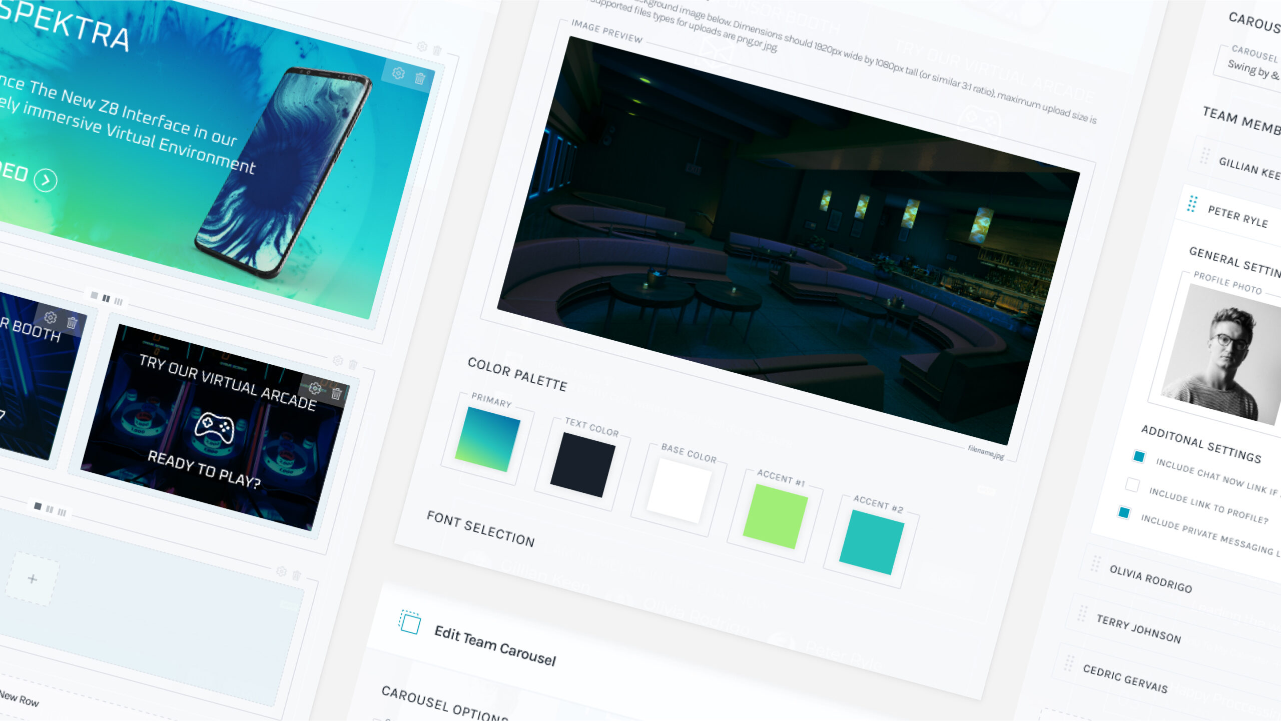 Isometric screens showing the details of the Page Builder settings and layout options